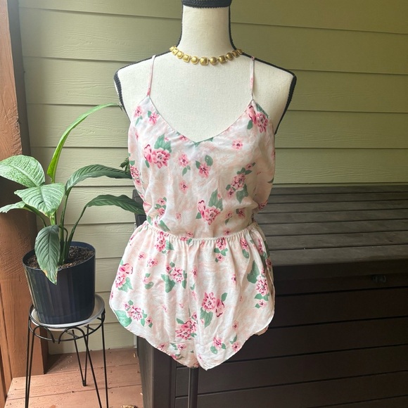 Vintage 90s Floral Lingerie Set Cami and Shorts Pink Green | Medium - Picture 4 of 10